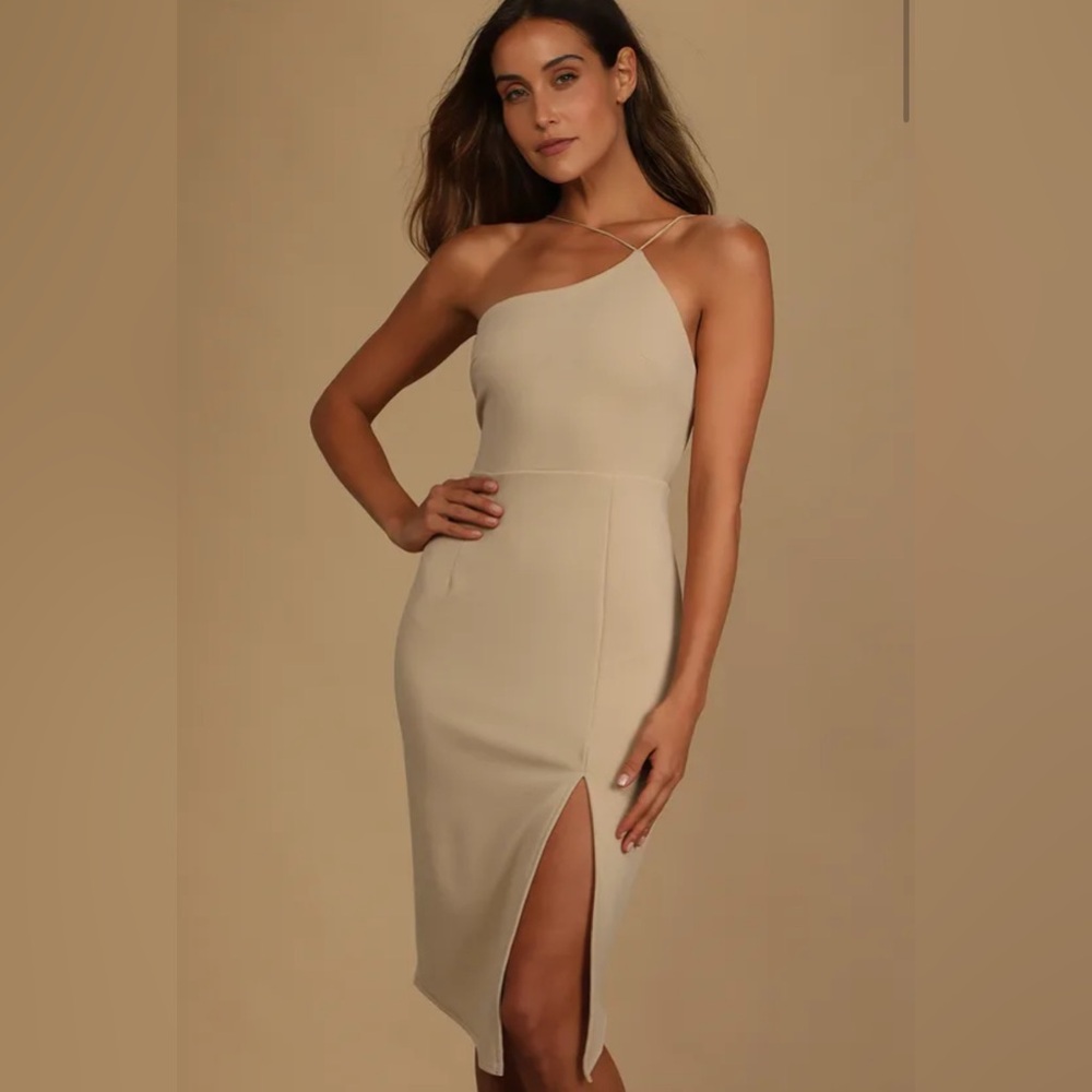 Lulus - Happiest Hour Beige Asymmetrical Bodycon Midi Dress
